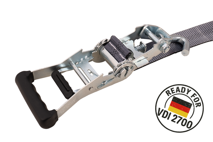 Négy darabos HEFFA CARLINE 130 pótkocsi szállító hevederkészlet, kerékrögzítő hevederek 2,8 m/50 mm/5 t VDI 2700