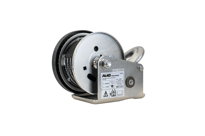 Kézi csörlő AL-KO utánfutóhoz 450 kg-os, 6 m-es hevederrel, fékkel és automatikus letekerccsel