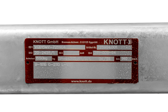 KNOTT VGB15MV fékezett tengely pótkocsihoz/szállítóhoz 1550kg 1616mm 2110mm 5x112