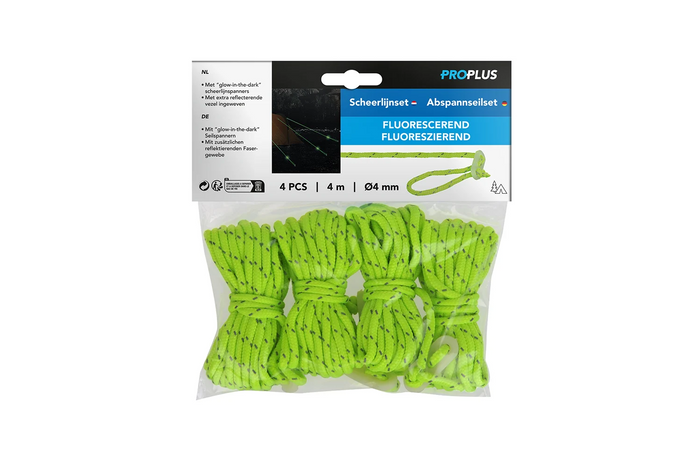 Négy darabos ProPlus 361802 fluoreszkáló kötélkészlet 4 méteres sátorhoz