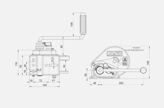 Kézi csörlő AL-KO utánfutóhoz 450 kg-os, 6 m-es hevederrel, fékkel és automatikus letekerccsel