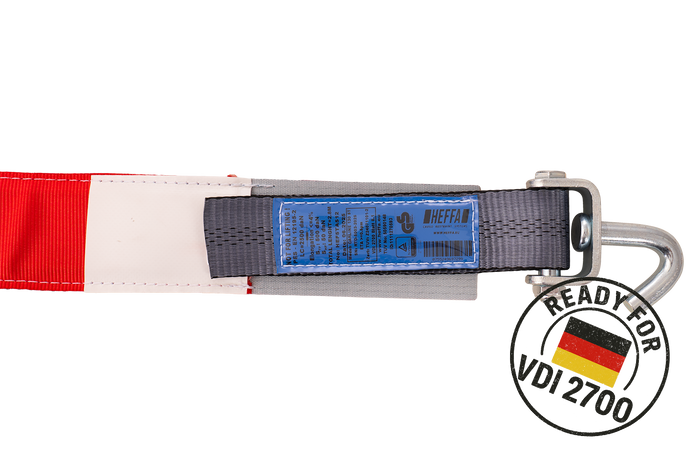 Négy darabos HEFFA CARLINE 130 pótkocsi szállító hevederkészlet, kerékrögzítő hevederek 2,8 m/50 mm/5 t VDI 2700