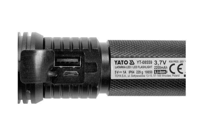 YATO YT-085609 LED 900lm multifunkciós zseblámpa, külső akkumulátor, sörnyitó, vészkalapács
