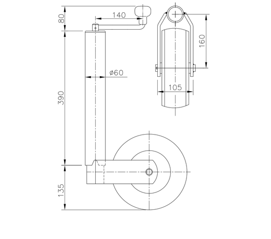 WINTERHOFF ST60-V-255SB támasztókerék 400kg 60mm 525-755mm