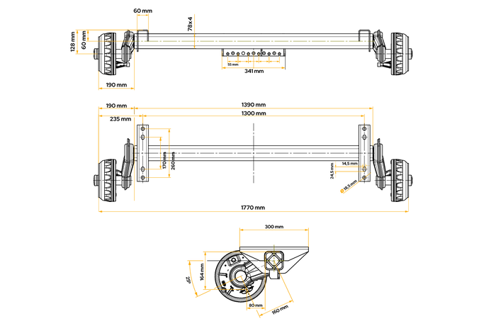 KNOTT VGB13-M fékező tengely pótkocsihoz/szállítóhoz 1350kg 1300mm 1770mm 5x112