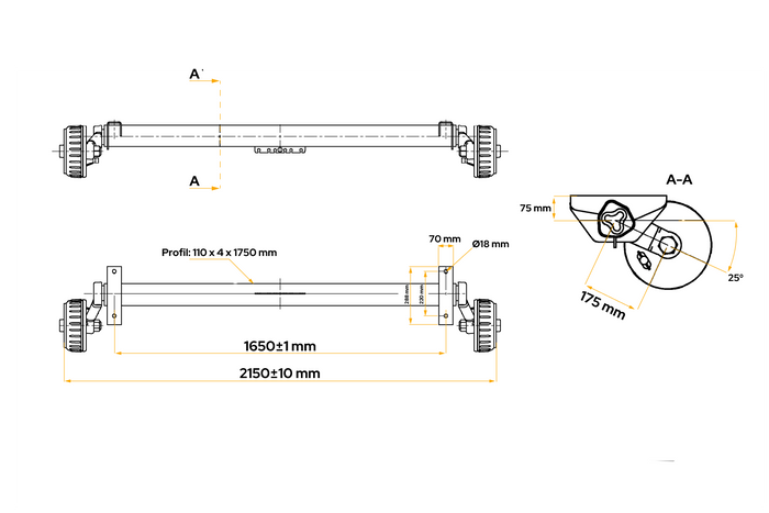 AL-KO EURO fékezett tengely pótkocsihoz/autószállítóhoz 1800kg 1650mm 2150mm 5x112