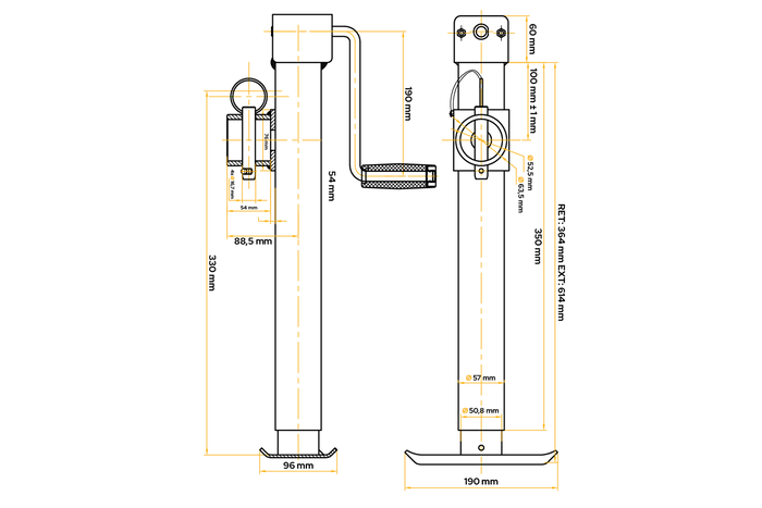UNITRAILER TJ5001 kihúzható forgattyústartó 1300 kg-os platós pótkocsihoz 364-614 mm