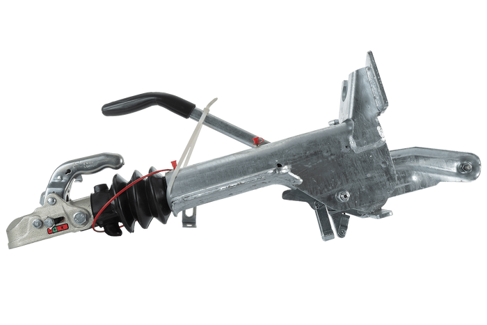 KNOTT KF27B ráfutószerkezet K27A vonóhoroggal 2700 kg-os pótkocsihoz, V-típusú vonórúddal és támasztókerék-konzollal