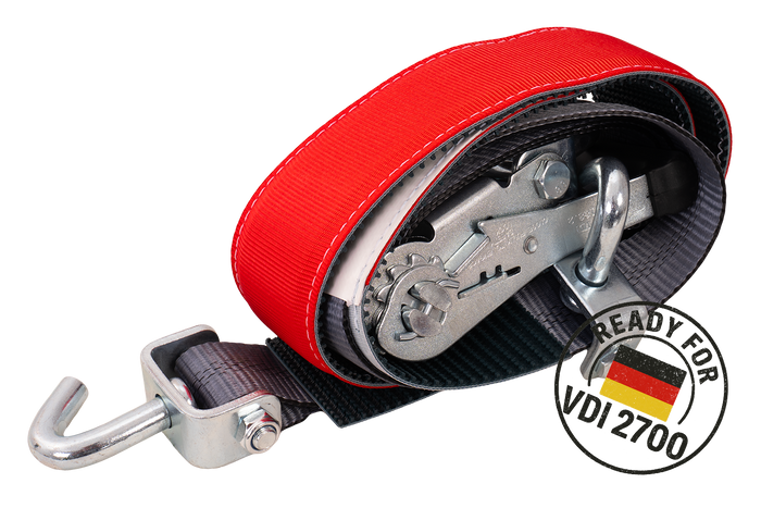 Négy darabos HEFFA CARLINE 130 pótkocsi szállító hevederkészlet, kerékrögzítő hevederek 2,8 m/50 mm/5 t VDI 2700