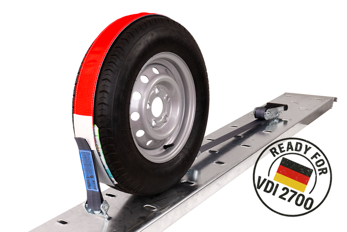 Négy darabos HEFFA CARLINE 130 pótkocsi szállító hevederkészlet, kerékrögzítő hevederek 2,8 m/50 mm/5 t VDI 2700