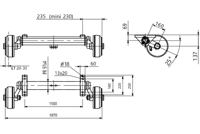 AL-KO COMPACT fékező tengely pótkocsihoz/szállítóhoz 1600kg 1500mm 1970mm 5x140