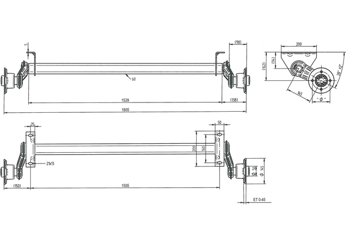 KNOTT VG7-L fékezetlen tengely UNITRAILER pótkocsihoz 750kg 1505mm 1805mm 4x100