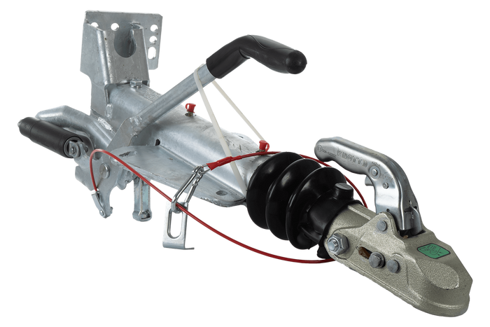 KNOTT KF27B ráfutószerkezet K27A vonóhoroggal 2700 kg-os pótkocsihoz, V-típusú vonórúddal és támasztókerék-konzollal