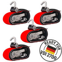 Négy darabos HEFFA CARLINE 130 pótkocsi szállító hevederkészlet, kerékrögzítő hevederek 2,8 m/50 mm/5 t VDI 2700