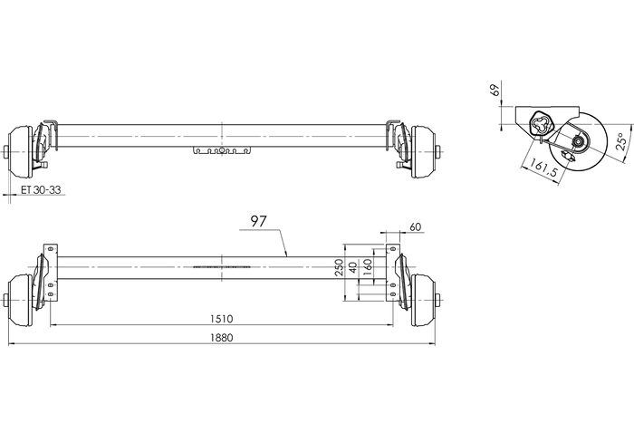 AL-KO COMPACT fékező tengely pótkocsihoz/szállítóhoz 1350kg 1510mm 1880mm 5x112