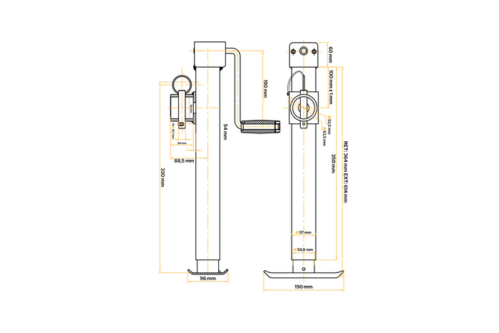 Kihúzható tartó UNITRAILER TJ5001+TJ5002A adapterrel 1300 kg-os platós pótkocsihoz 364-614 mm