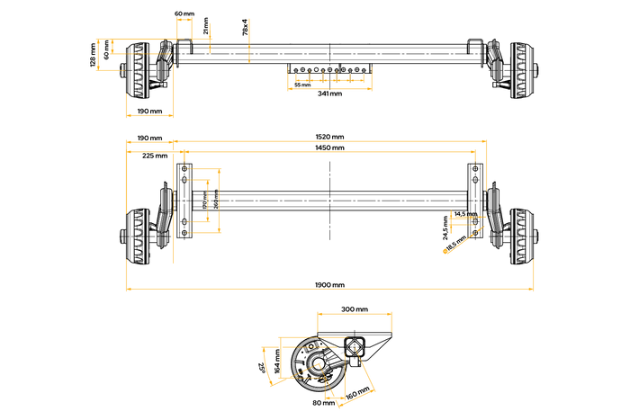 KNOTT VGB13-M fékezett tengely pótkocsihoz/szállítóhoz 1350kg 1450mm 1900mm 5x112