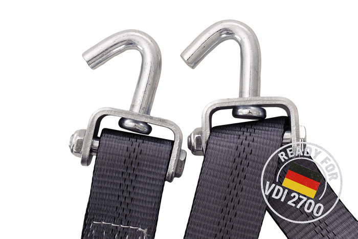 Négy darabos HEFFA CARLINE 130 pótkocsi szállító hevederkészlet, kerékrögzítő hevederek 5m/50mm/5t VDI 2700
