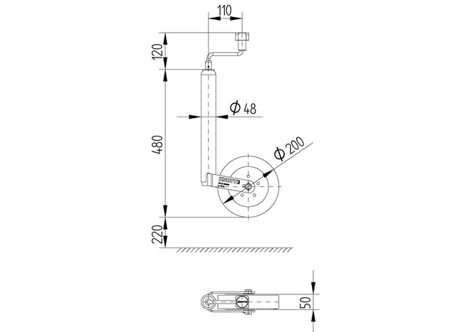 KNOTT TK48 támasztókerék 150kg 48mm 480-700mm