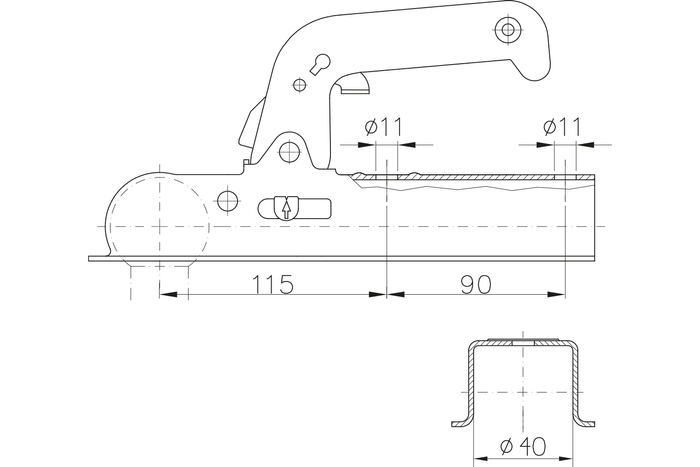 WINTERHOFF WW8-D40 gömbfejű vonóhorog 800 kg-os pótkocsihoz, 40 mm-es négyzet alakú vonórúddal