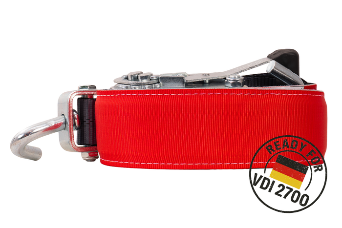 Négy darabos HEFFA CARLINE 130 pótkocsi szállító hevederkészlet, kerékrögzítő hevederek 2,8 m/50 mm/5 t VDI 2700