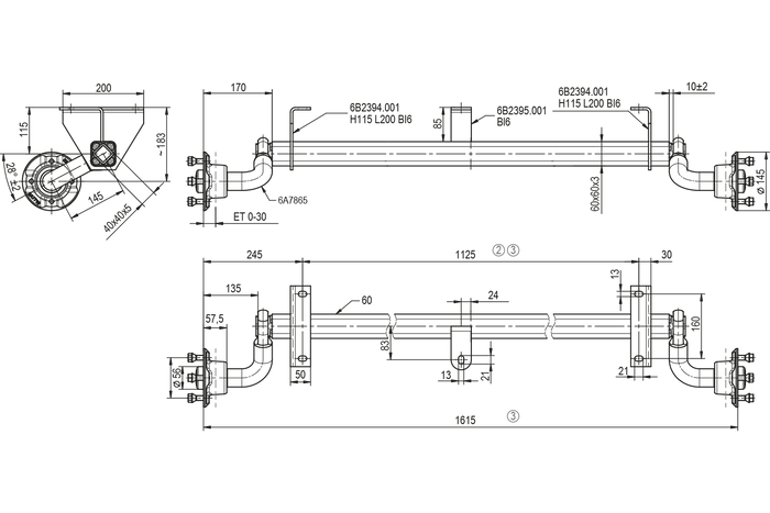KNOTT VG7-L fékezetlen pótkocsi tengely 750kg 1125mm 1615mm 4x100