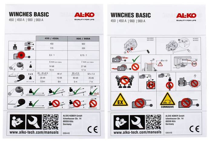 Kézi csörlő AL-KO utánfutóhoz 450 kg-os, 6 m-es hevederrel, fékkel és automatikus letekerccsel