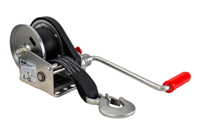 Kézi csörlő AL-KO utánfutóhoz 450 kg-os, 6 m-es hevederrel, fékkel és automatikus letekerccsel