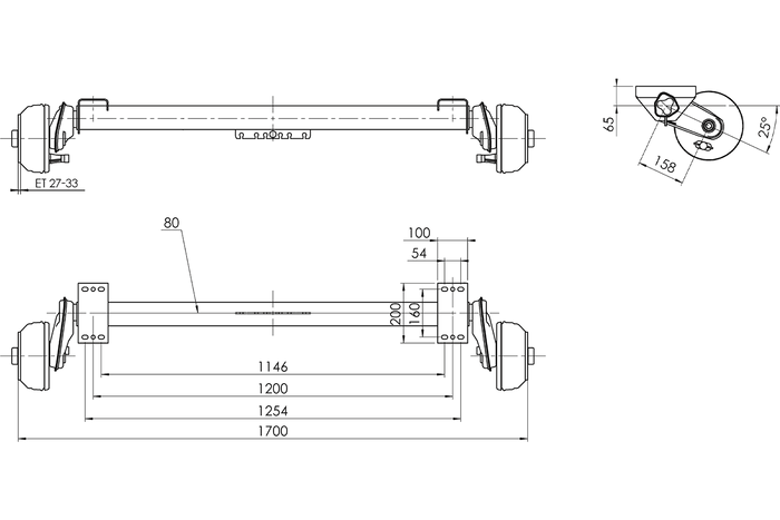 AL-KO COMPACT fékezős hajóutánfutó tengely 1000kg 1146/1254mm 1700mm 5x112