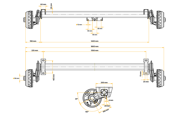 KNOTT VGB13 fékezett tengely pótkocsihoz/autószállítóhoz 1350kg 1350mm 1800mm 5x112