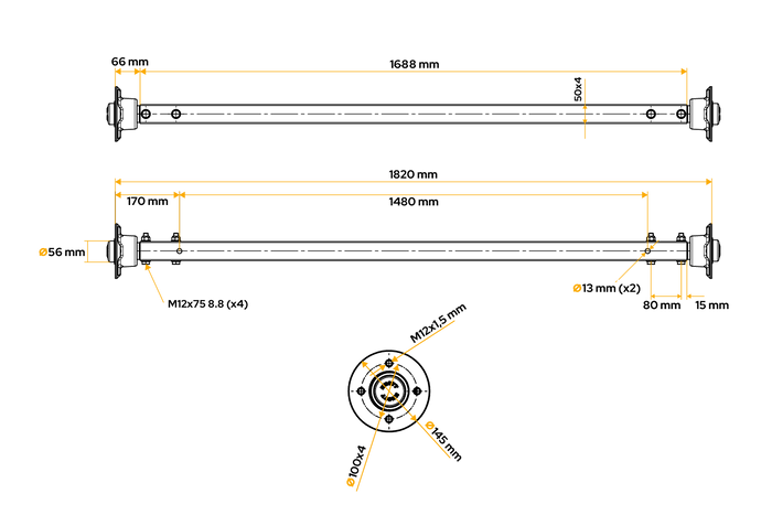 KNOTT VR7 fékezetlen merev tengely rugós pótkocsihoz 750kg 1480mm 1820mm 4x100