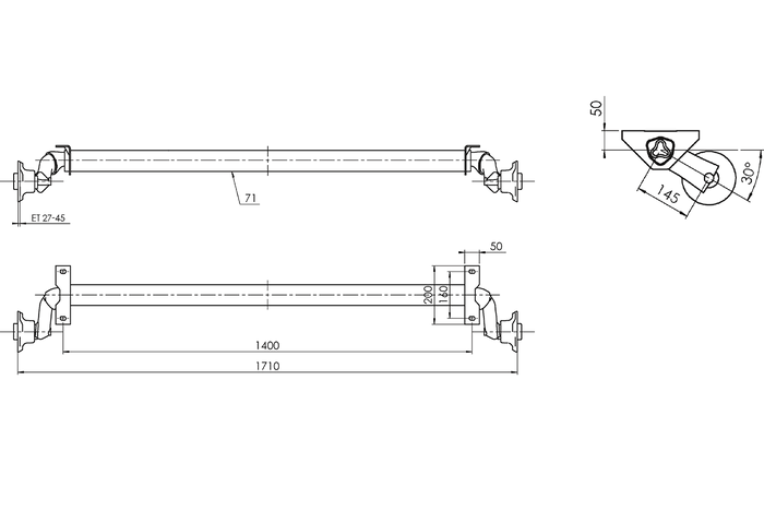 AL-KO OPTIMA fékezetlen pótkocsi tengely 750kg 1400mm 1710mm 4x100