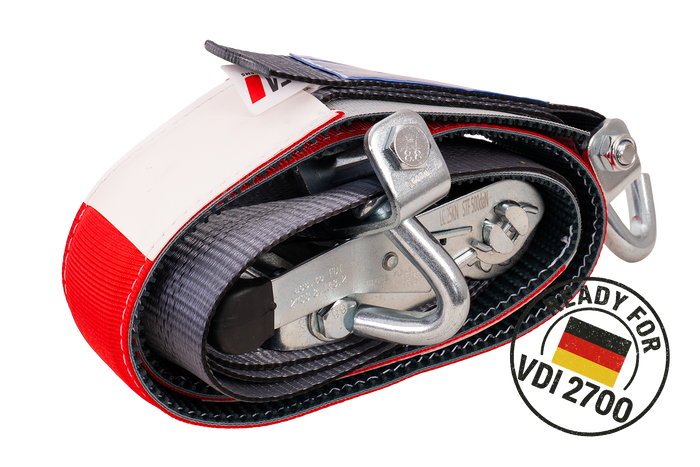 Négy darabos HEFFA CARLINE 130 pótkocsi szállító hevederkészlet, kerékrögzítő hevederek 2,8 m/50 mm/5 t VDI 2700