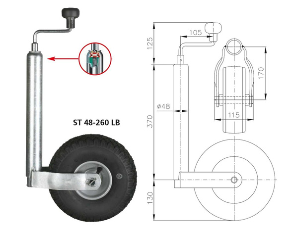 WINTERHOFF ST48-260LB nyomókerék 150kg 48mm 500-710mm