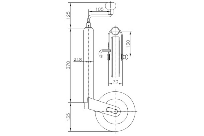 UNITRAILER támasztókerék 150kg 48mm 505-730mm