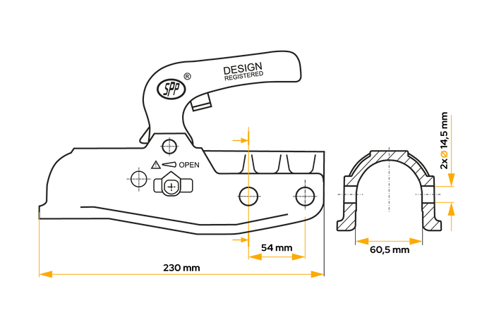 STEELPRESS BC-3500E-00-02+SD gömbfejes vonóhorog 3500 kg-os pótkocsihoz, 60,5 mm-es öntöttvas csővonórúddal
