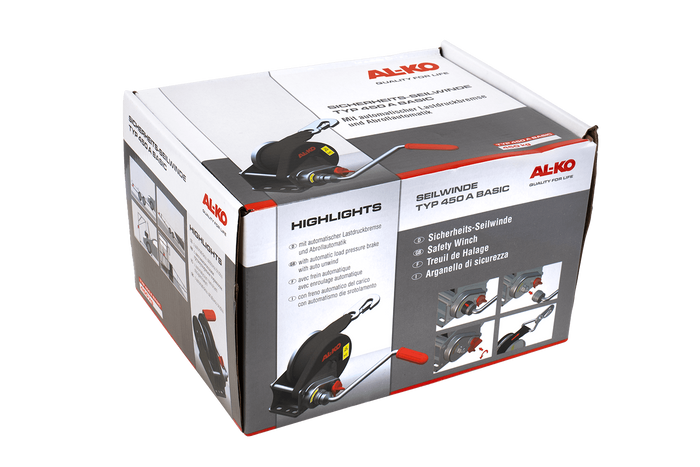 Kézi csörlő AL-KO utánfutóhoz 450 kg-os, 6 m-es hevederrel, fékkel és automatikus letekerccsel