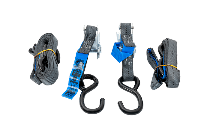 Két HILLS 3 m/25 mm/1 t szállítóheveder feszítővel és két 0,45 m-es heveder a motorkerékpár rögzítéséhez