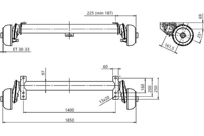 AL-KO COMPACT fékező tengely pótkocsihoz/szállítóhoz 1350kg 1400mm 1850mm 5x112