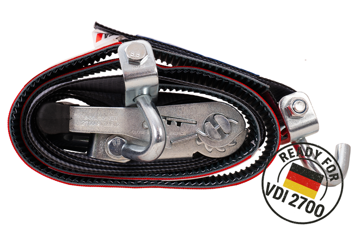 Négy darabos HEFFA CARLINE 130 pótkocsi szállító hevederkészlet, kerékrögzítő hevederek 2,8 m/50 mm/5 t VDI 2700