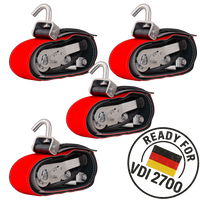 Négy darabos HEFFA CARLINE 130 pótkocsi szállító hevederkészlet, kerékrögzítő hevederek 2,8 m/50 mm/5 t VDI 2700