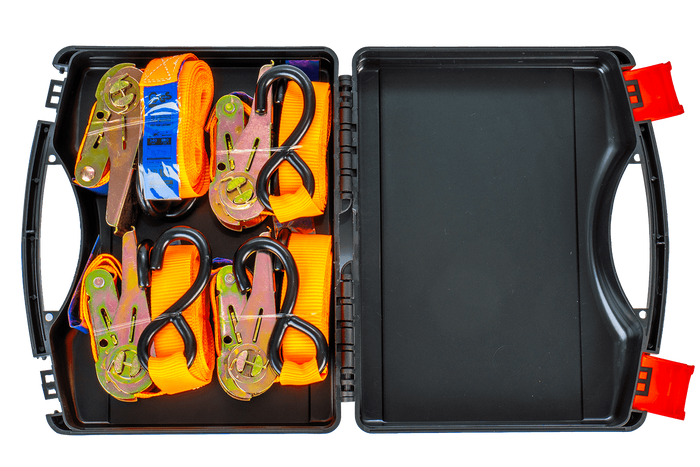 Négy darabos UNITRAILER 4m/25mm/0.68t szállítószalag-készlet feszítővel, bőröndben