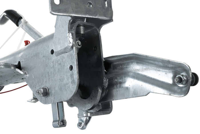 KNOTT KF27B ráfutószerkezet K27A vonóhoroggal 2700 kg-os pótkocsihoz, V-típusú vonórúddal és támasztókerék-konzollal