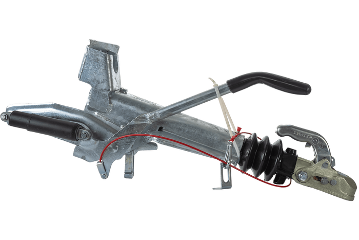 KNOTT KF27B ráfutószerkezet K27A vonóhoroggal 2700 kg-os pótkocsihoz, V-típusú vonórúddal és támasztókerék-konzollal