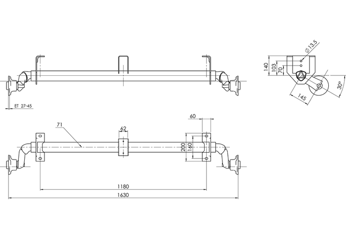 AL-KO OPTIMA fékezetlen pótkocsi tengely 750kg 1180mm 1630mm 4x100