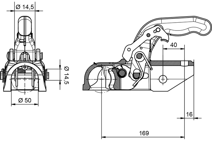 KNOTT K27-A gömbfejű vonóhorog 2700 kg-os pótkocsihoz, 50 mm-es öntöttvas csővonórúddal 