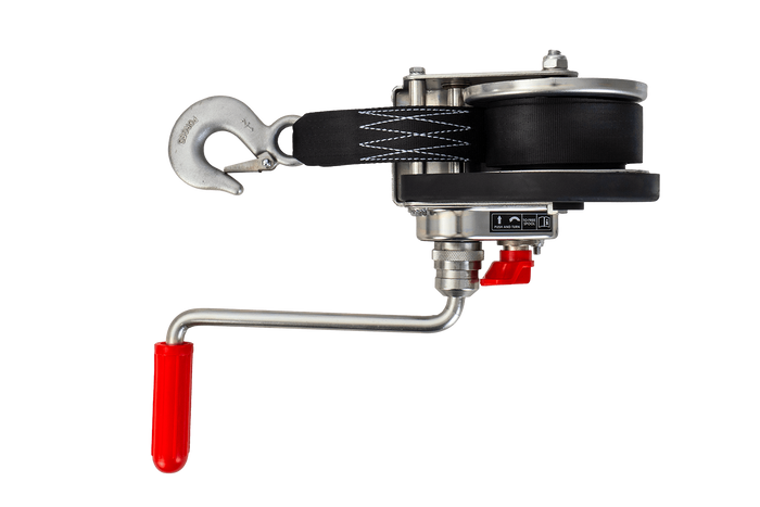 Kézi csörlő AL-KO utánfutóhoz 450 kg-os, 6 m-es hevederrel, fékkel és automatikus letekerccsel