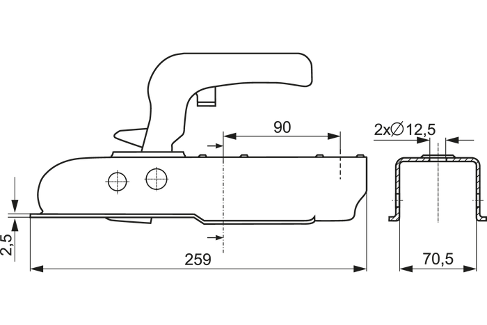 STEELPRESS ZSK-0750J gömbfejű vonóhorog 750 kg-os pótkocsihoz, 70 mm-es négyzet alakú vonórúddal