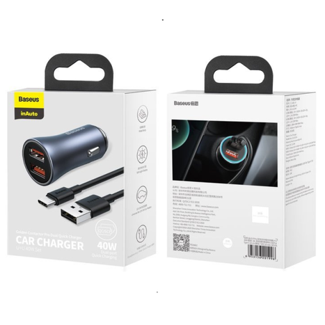 BASEUS Golden Pro 2xUSB 40W autós töltő szett + USB kábel
